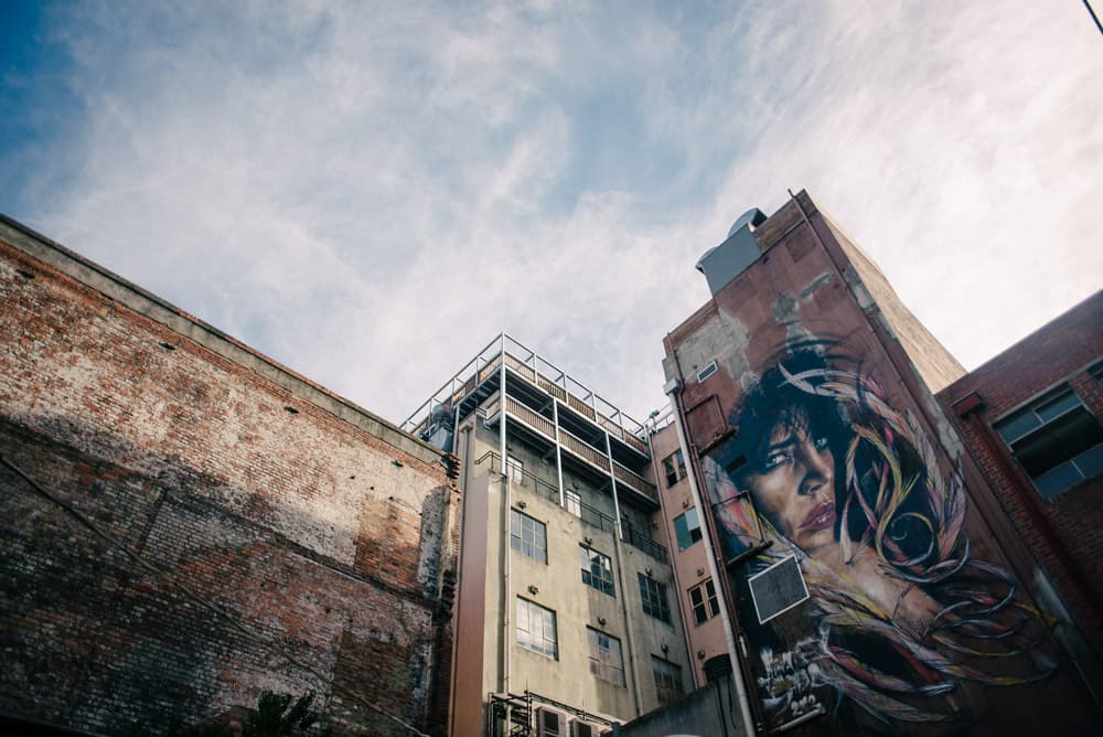 A hot spot for photographing street art in melbourne, hidden on an old brick building in a CBD alleyway
