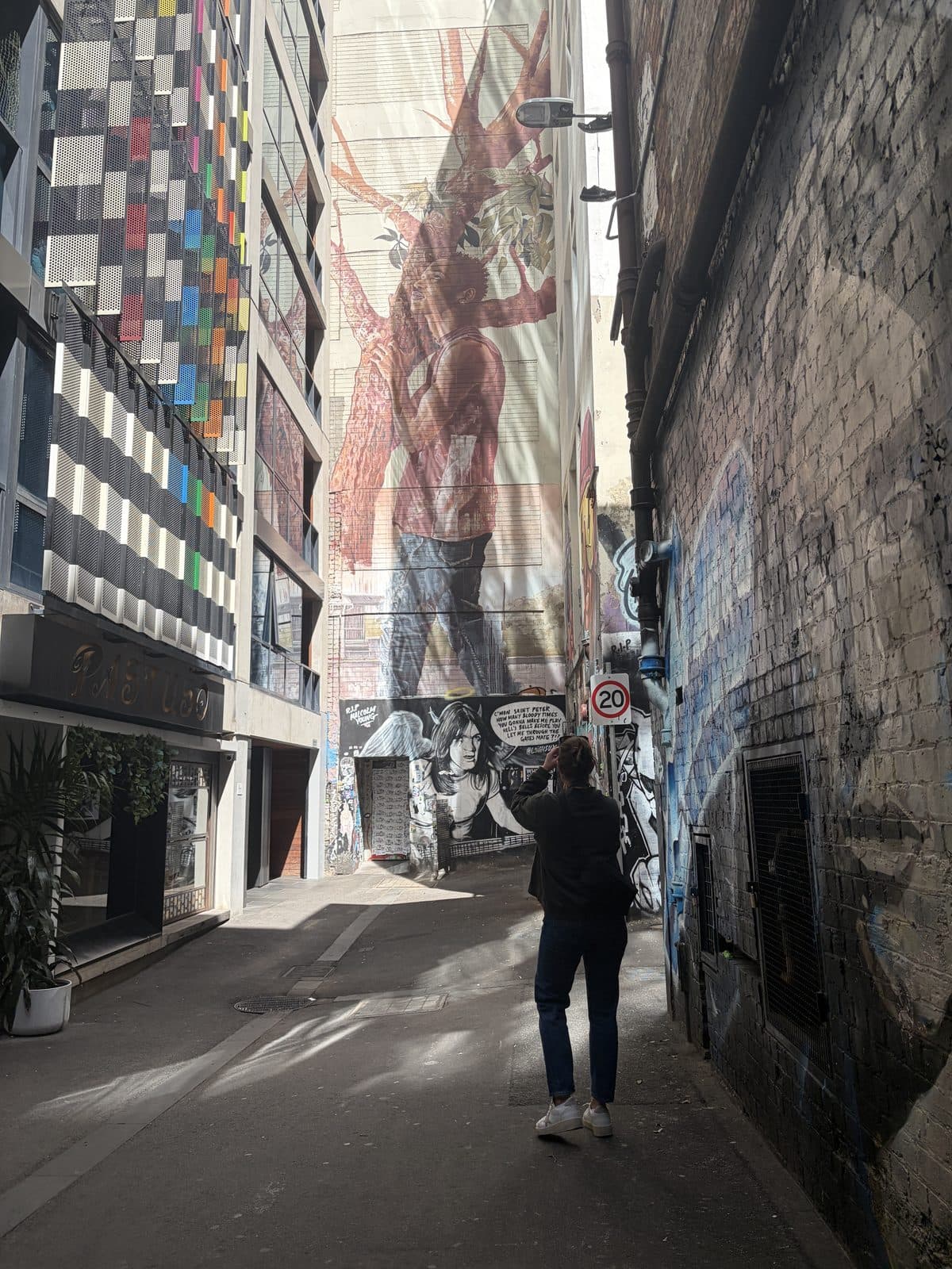 Eliza shooting upwards with a Fujifilm X-S20 in a narrow backlit Melbourne laneway with a tall mural of a man holding a tree branch on the far wall